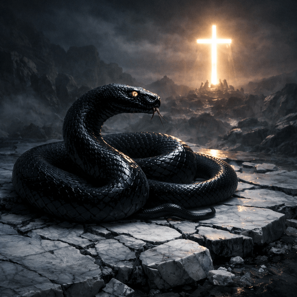 Coiled black snake on cracked stone near glowing cross in misty rocky landscape